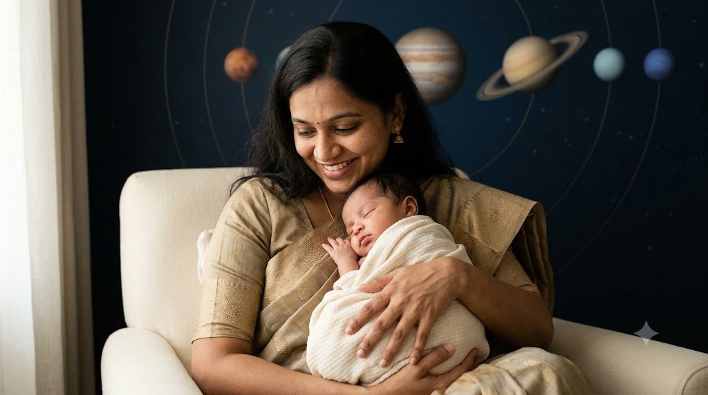 A mother holding her newborn in front of a mural of the planets