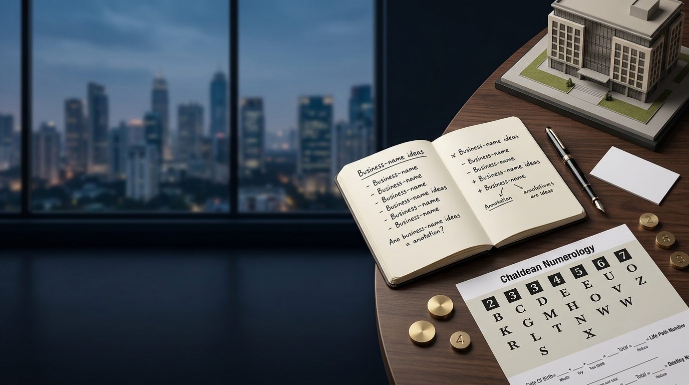 A notebook of business-name ideas beside a Chaldean numerology chart